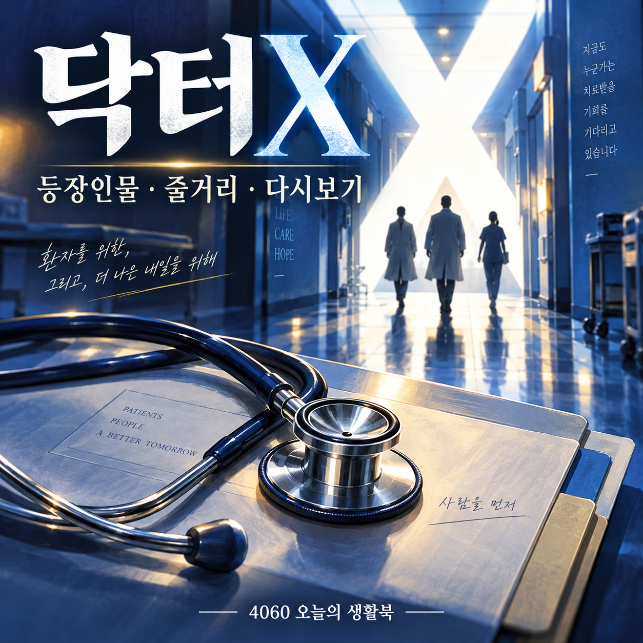 닥터X 등장인물·줄거리·다시보기 안내 표지, 병원 복도와 청진기 삽화