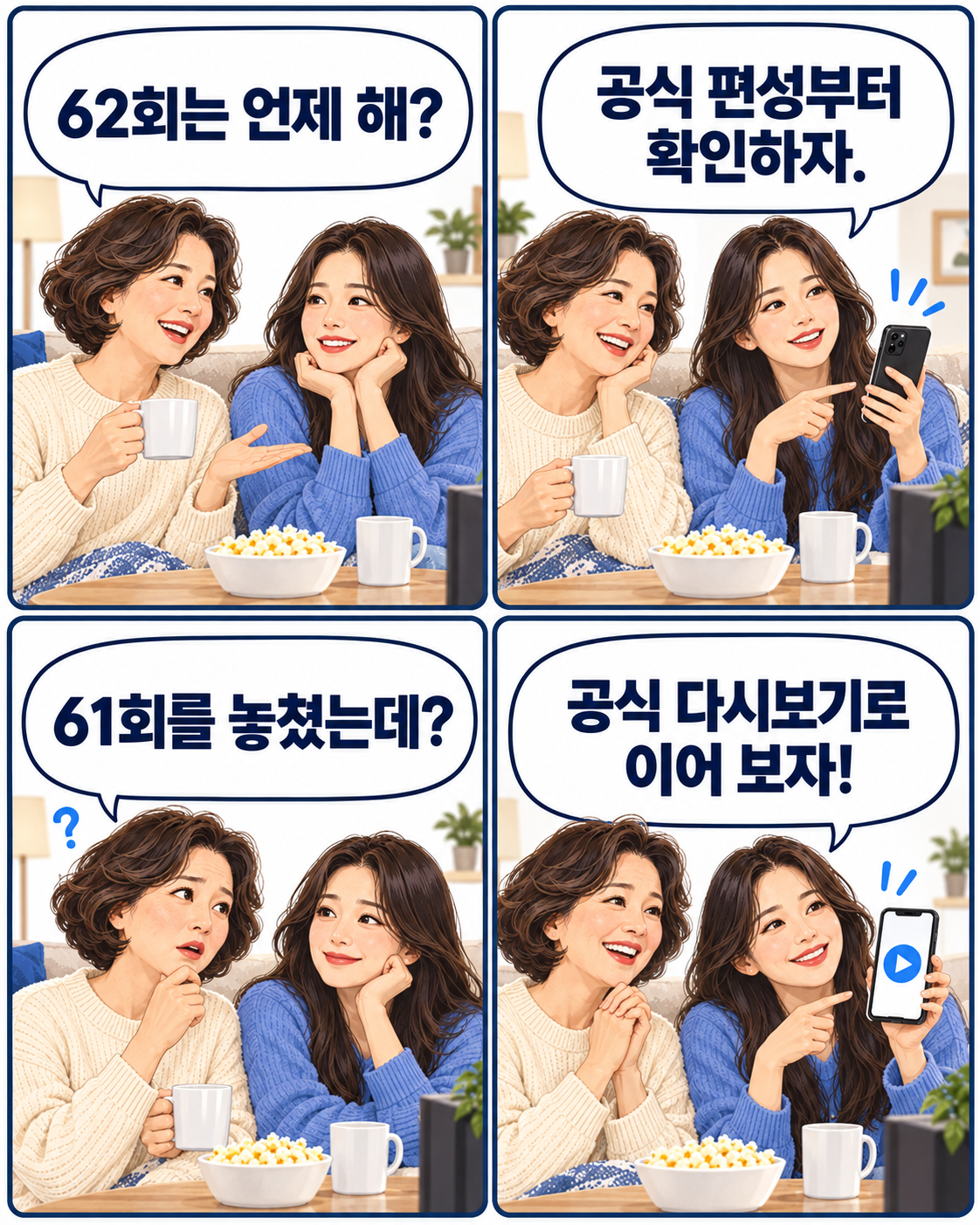 엄마와 딸이 가족관계증명서 62회 방송 일정과 61회 다시보기 찾는 방법을 이야기하는 4컷