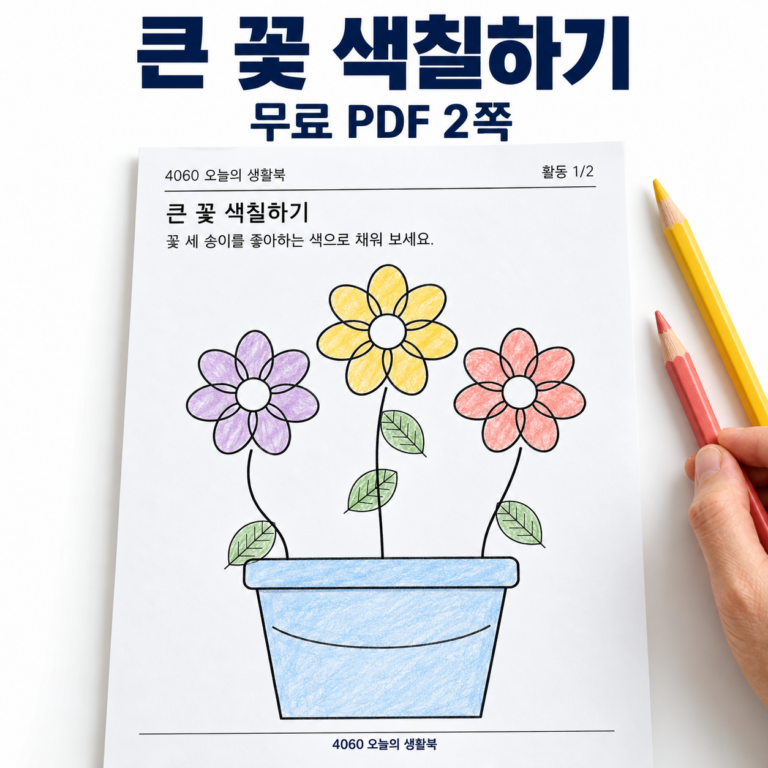큰 꽃 세 송이를 색칠한 A4 활동지 예시와 색연필