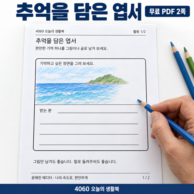 추억을 담은 엽서 활동지를 크게 보여주는 색칠 예시