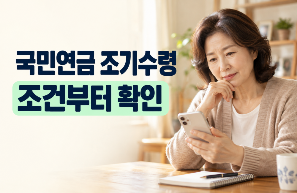 국민연금 조기수령 조건부터 확인 문구와 스마트폰을 확인하는 중장년 여성 이미지