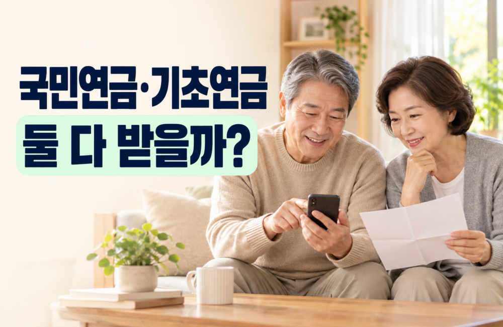 국민연금·기초연금 둘 다 받을까? 문구와 스마트폰을 함께 보는 중장년 부부 이미지