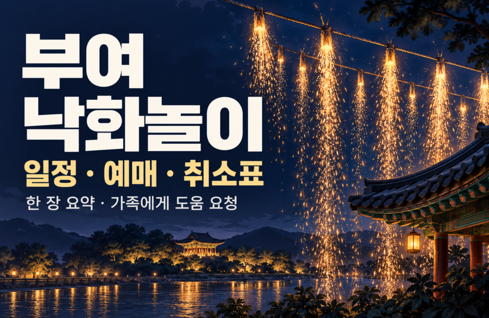 부여 낙화놀이 일정·예매·취소표 안내. 전통 처마 앞에 금빛 불꽃이 내려오는 AI 제작 일러스트.